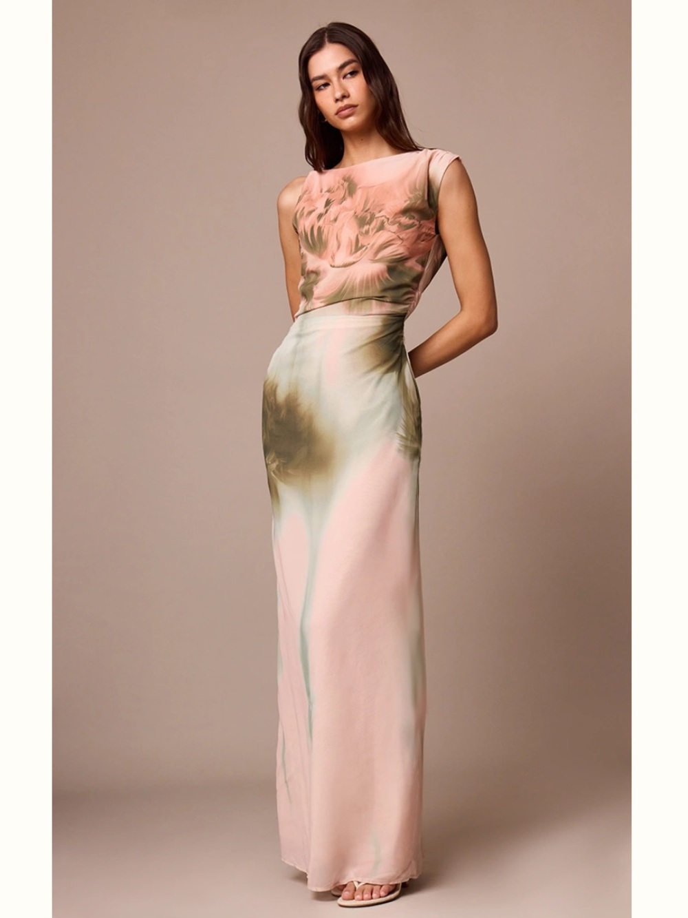 PrettyLittleThing Blush Pink & Olive Watercolor Maxi Dress - NWT